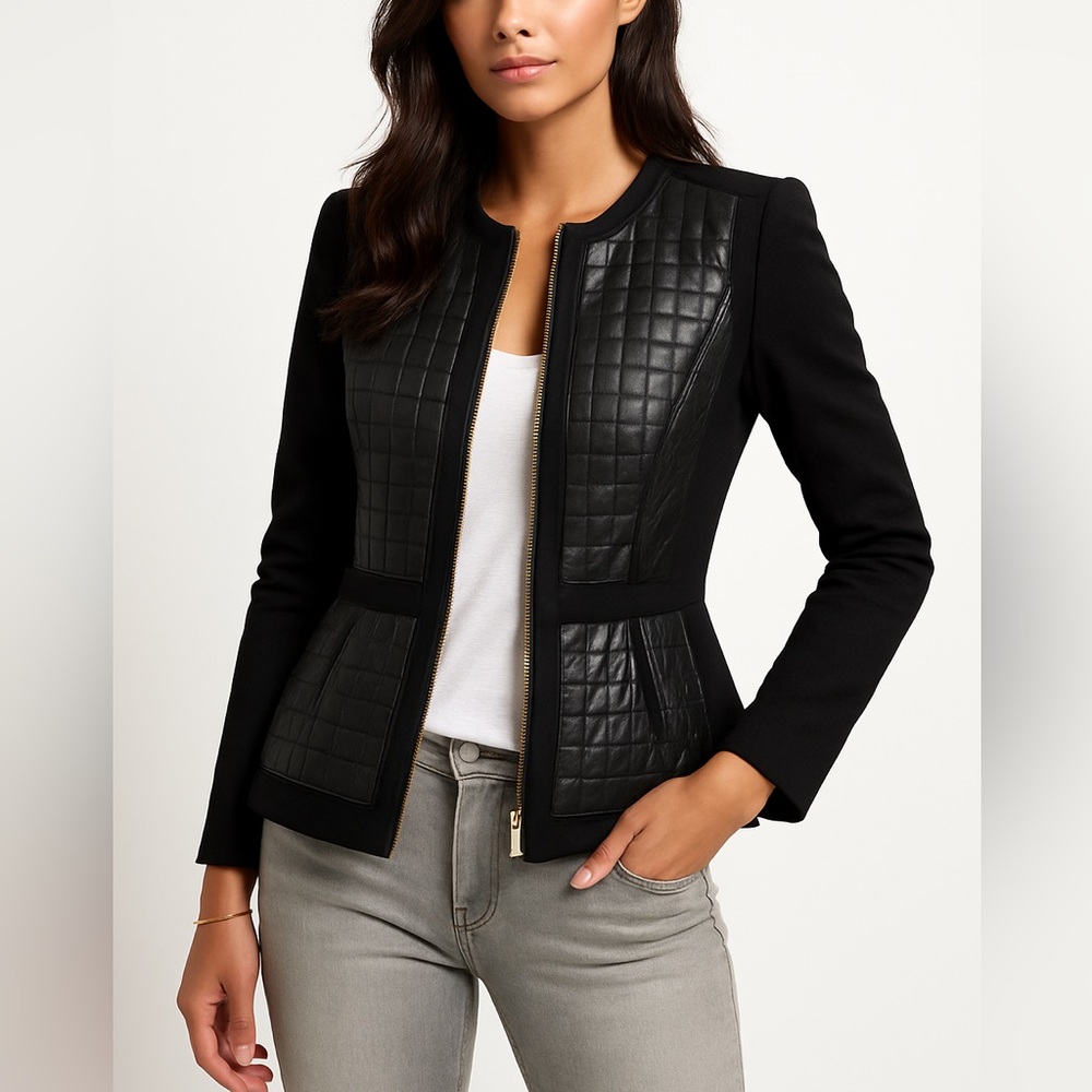 ❤️ Rebecca Taylor Black Quilted Leather Jacket Size 2
